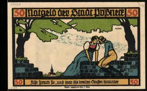 Notgeld Pössneck 1921, 50 Pfennig, Die Liebenden, Brunnen und Blick auf Kirche