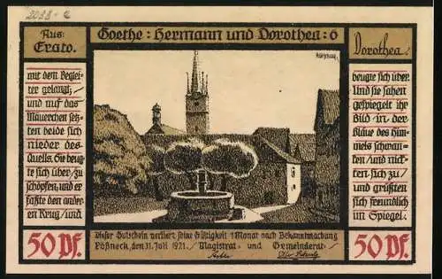 Notgeld Pössneck 1921, 50 Pfennig, Die Liebenden, Brunnen und Blick auf Kirche