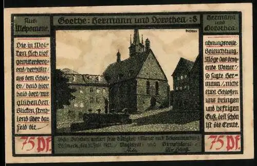 Notgeld Pössneck 1921, 50 Pfennig, Paar geht entgegen der sinkenden Sonne, Ortspartie