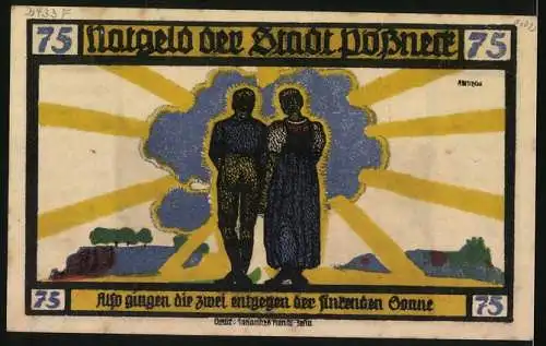 Notgeld Pössneck 1921, 50 Pfennig, Paar geht entgegen der sinkenden Sonne, Ortspartie