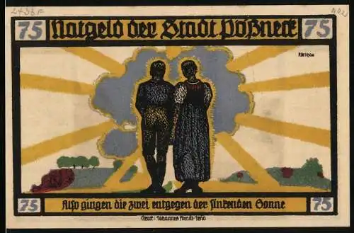 Notgeld Pössneck 1921, 50 Pfennig, Paar vor der Sonne, Ortspartie