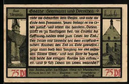 Notgeld Pössneck 1921, 75 Pfennig, Pfarrer sieht des Todes Bild, Kirchenportal