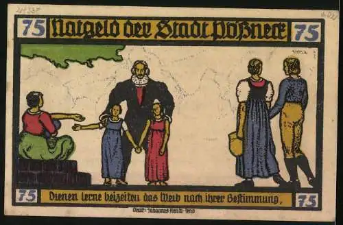 Notgeld Pössneck 1921, 75 Pfennig, Pfarrer und die Kinder, Statuen