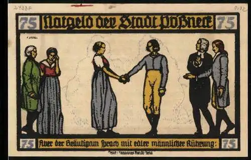 Notgeld Pössneck 1921, 75 Pfennig, Pfarrer und das Ehepaar, Ansichten der Kirche