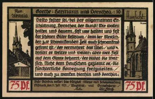 Notgeld Pössneck 1921, 75 Pfennig, Pfarrer und das Ehepaar, Ansichten der Kirche