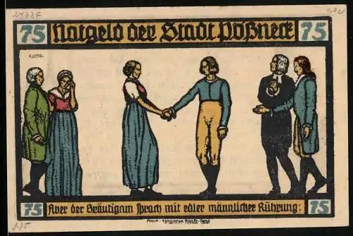 Notgeld Pössneck 1921, 75 Pfennig, Pfarrer und das Ehepaar, die Kirche