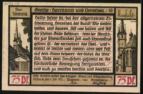 Notgeld Pössneck 1921, 75 Pfennig, Pfarrer und das Ehepaar, die Kirche
