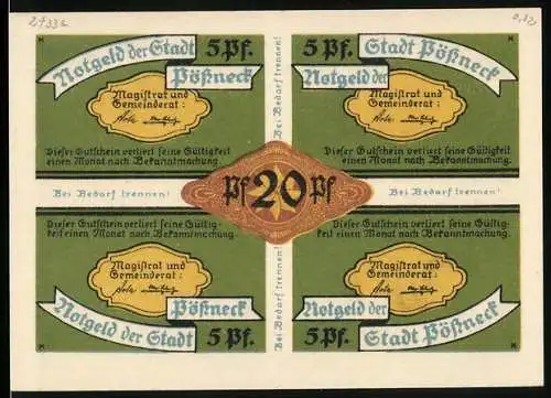 Notgeld Pössneck, 20 Pfennig, Unterröcke und Wäsche, Schmiedekunst, Fässer und Bottiche, technischer Bedarf