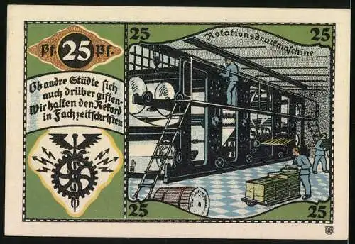 Notgeld Pössneck, 25 Pfennig, Rotationsdruckmaschine