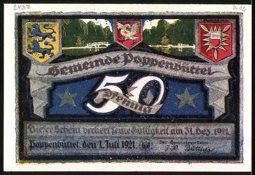 Notgeld Poppenbüttel 1921, 50 Pfennig, Brücke über die Alster