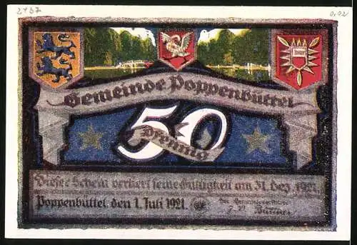 Notgeld Poppenbüttel 1921, 50 Pfennig, Ortsansicht ca. 1820