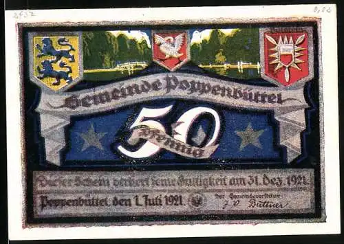 Notgeld Poppenbüttel 1921, 50 Pfennig, Alsterpartie bei der Ortschaft