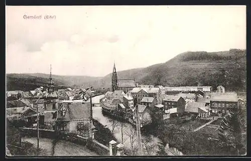 AK Gemünd / Eifel, Totalansicht mit Fluss und Umgebung, Kirche