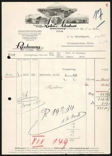 Rechnung Dittersdorf bei Chemnitz 1934, Lohs & Schubert, Fabriken für Strumpfwaren, Ansicht von vier Niederlassungen