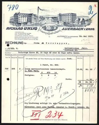 Rechnung Auerbach im Erzgebirge 1937, Richard Uhlig, Strumpffabriken, Betriebsgelände und Werk-Wohnungen