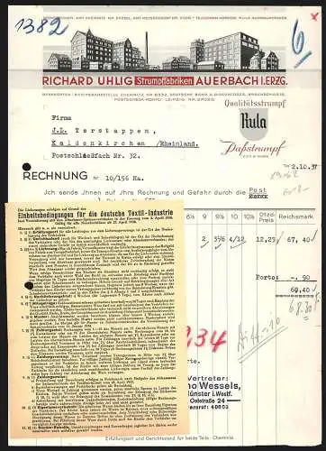 Rechnung Auerbach i. Erzg. 1937, Richard Uhlig, Strumpffabriken, Das Betriebsgelände und Schutzmarke Rula