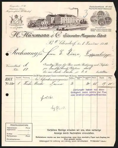 Rechnung Pr. Oldendorf 1913, H. Hüsemann & Co., Süssrahm-Margarine Fabrik, Betrieb, Schutzmarke, Auszeichnungen
