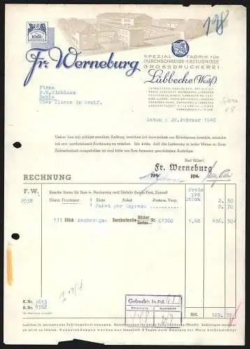 Rechnung Lübbecke 1940, Fr. Werneburg, Spezialfabrik für Durchschreibe-Erzeugnisse, Fabrikgelände und Schutzmarke Welü