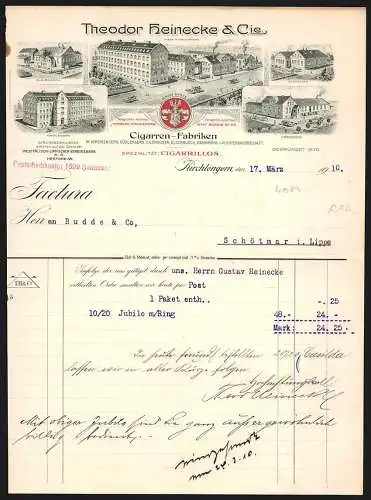 Rechnung Kirchlengern 1910, Theodor Heinecke & Cie., Cigarren-Fabriken, Ansicht von fünf Geschäftsstellen