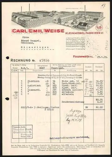 Rechnung Finsterwalde 1939, Carl Emil Weise, Kleinmöbel-Fabriken GmbH, Hauptwerk und Zweigniederlassung