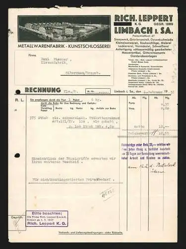 Rechnung Limbach i. Sa. 1938, Rich. Leppert KG, Metallwarenfabrik & Kunstschlosserei, Modellansicht der Fabrikanlage