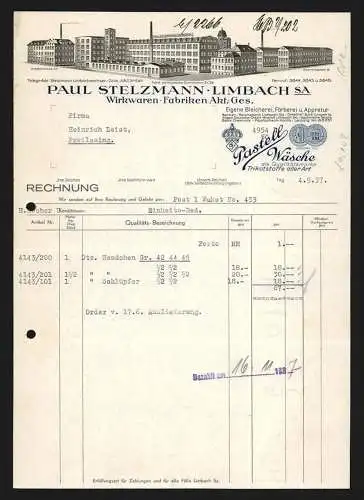 Rechnung Limbach 1937, Paul Stelzmann, Wirkwaren-Fabriken AG, Ansicht von Fabrik & Hauptkontor und zweier Filialen