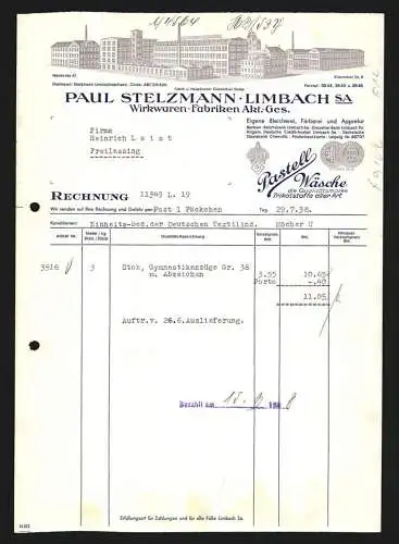 Rechnung Limbach 1938, Paul Stelzmann, Wirkwaren-Fabriken AG, Ansicht von Fabrik & Hauptkontor und zweier Filialen