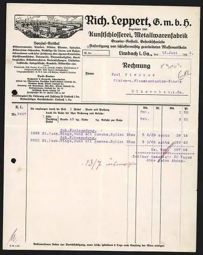 Rechnung Limbach i. Sa. 1925, Rich. Leppert GmbH, Kunstschlosserei, Metallwarenfabrik, Gesamtansicht des Betriebes