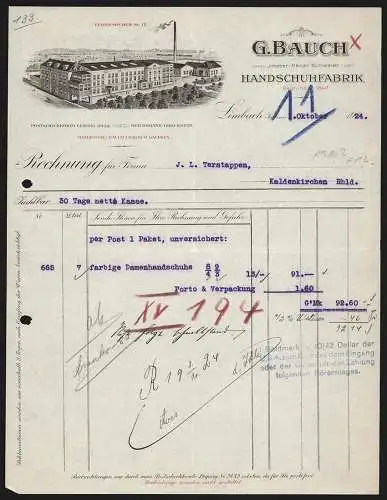 Rechnung Limbach 1924, G. Bauch, Handschuhfabrik, Das Betriebsgelände vor dem Flachlandpanorama