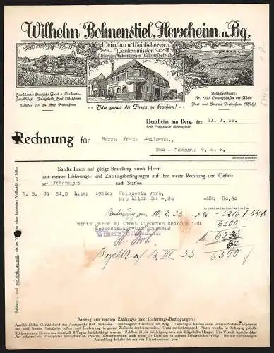 Rechnung Herxheim am Berg 1933, Wilhelm Bohnenstiel, Weinbau und Weinkellerei, Geschäftshaus und Weingebiet