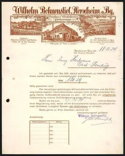 Rechnung Herxheim am Berg 1934, Wilhelm Bohnenstiel, Weinbau und Weinkellerei, Geschäftshaus und Weingebiet