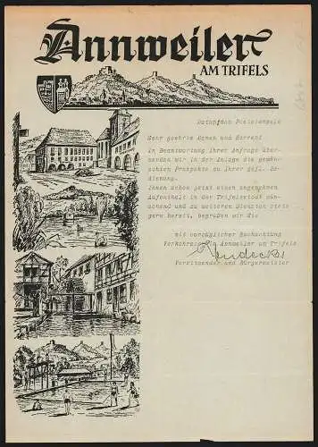 Briefkopf Annweiler am Trifels, Gesamtansicht, Auto vor dem Arbeitsamt, Schwanenteich, Wassermühle, Schwimmbad