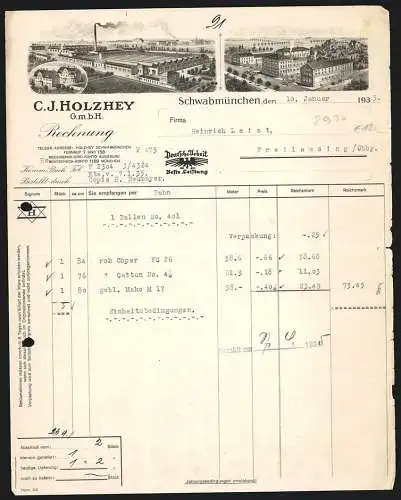 Rechnung Schwabmünchen 1935, Firma C. J. Holzhey GmbH, Ansicht des Hauptwerks und einer Zweigniederlassung