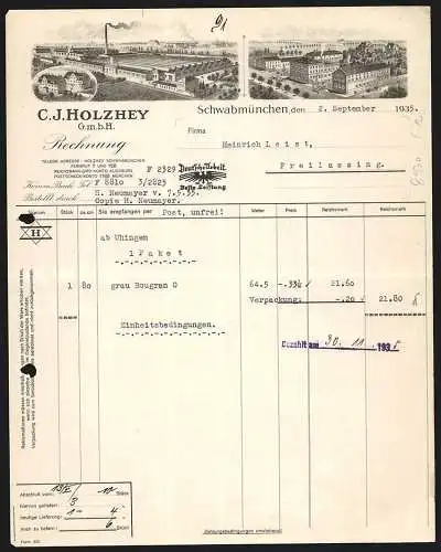 Rechnung Schwabmünchen 1935, Firma C. J. Holzhey GmbH, Ansicht des Hauptwerks und einer weiteren Geschäftsstelle