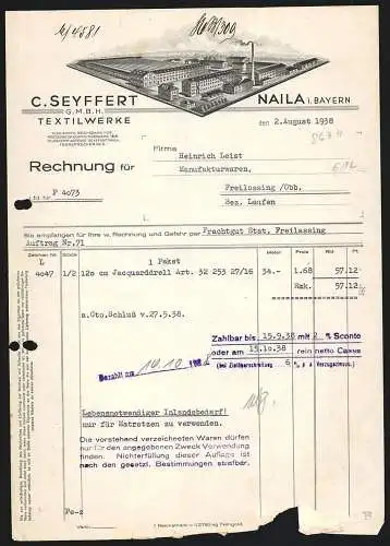 Rechnung Naila i. Bayern 1938, C. Seyffert GmbH, Textilwerke, Modellansicht des gesamten Fabrikgeländes