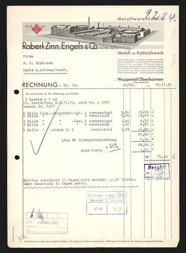 Rechnung Wuppertal-Oberbarmen 1950, Robert Zinn, Engels & Co. KG, Metall- & Kaltwalzwerk, Modellansicht der Fabrik