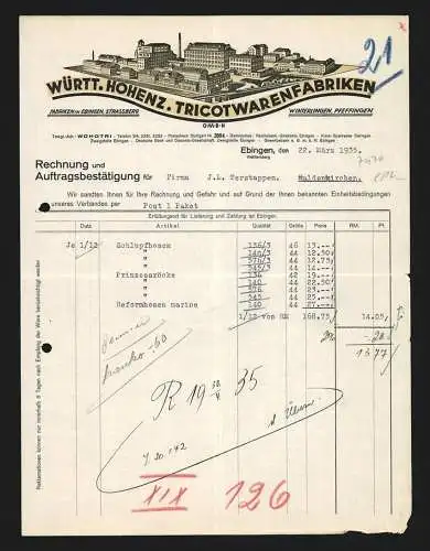 Rechnung Ebingen 1935, Württ. Hohenz. Tricotwaren-Fabriken GmbH, Modellansicht der Fabrikanlage