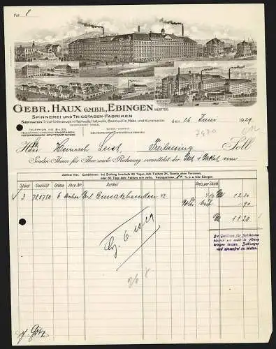 Rechnung Ebingen 1929, Gebrüder Haux GmbH, Spinnerei und Trikotagenfabriken, Fabrikanlagen, Arbeiterwohnungen, etc.