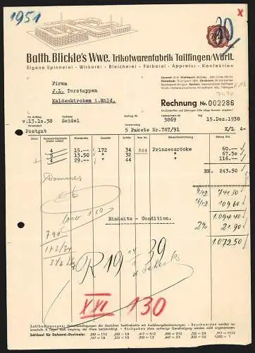 Rechnung Tailfingen /Württ. 1938, Balth. Blickle`s Wwe., Trikotwarenfabrik, Modellansicht des Betriebsgeländes