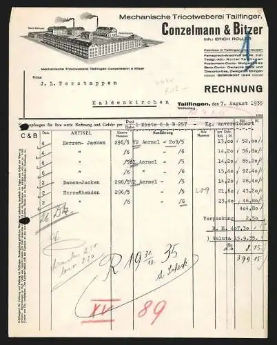 Rechnung Tailfingen 1935, Conzelmann & Bitzer, Mechanische Tricotweberei, Das Hauptwerk und die Filiale Hausen