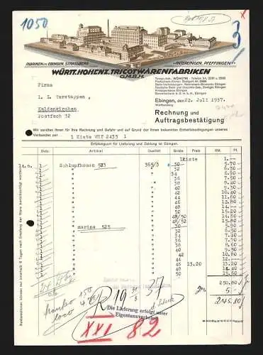 Rechnung Ebingen 1937, Württ. Hohenz. Tricotwarenfabriken GmbH, Modellansicht der Werke Pfeffingen & Winterlingen
