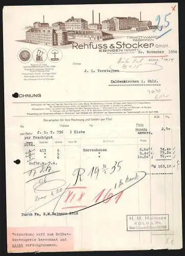 Rechnung Ebingen 1934, Rehfuss & Stocker GmbH, Trikotwaren-Fabriken, Werksansichten und Schutzmarken