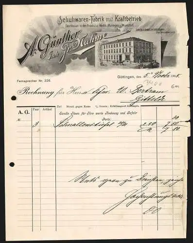 Rechnung Göttingen 1905, A. Günther, Schuhwaren-Fabrik, Ansicht von Fabrik und Lager in der Paulinerstrasse 13