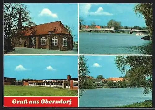 AK Oberndorf / Oste, Blick zur Kirche, Brücke, Partie am Ufer