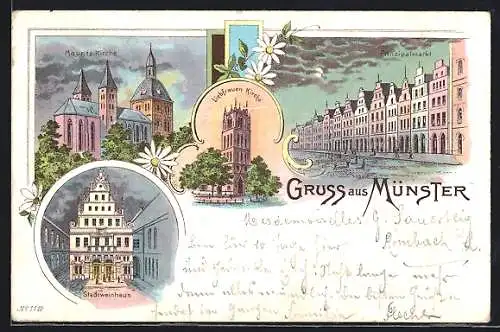 Lithographie Münster / Westfalen, Mauritz-Kirche, Liebfrauen-Kirche, Prinzipalmarkt und Stadtweinhaus