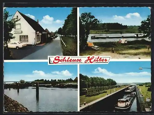 AK Hilter / Lathen, Gasthaus Bernhard Grothe, Schleuse mit Schiffen darin