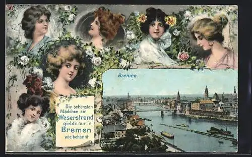 Passepartout-AK Bremen / Stadt, Stadtpanorama, Frauenportraits