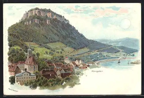 Lithographie Königstein / Elbe, Ortsansicht mit Umland