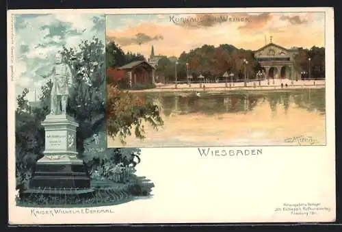 Künstler-AK Carl Münch: Wiesbaden, Kurhaus mit Weiher, Kaiser Wilhelm I. Denkmal