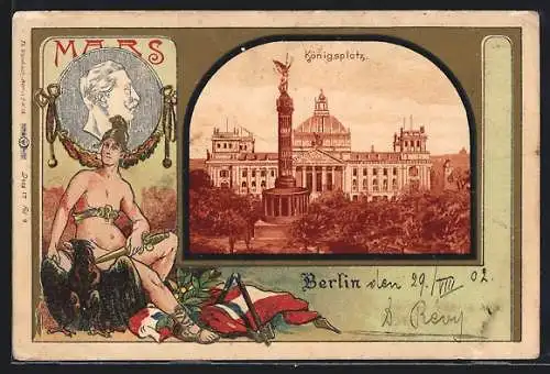 Lithographie Berlin, Königsplatz mit Reichstag und Siegessäule, Passepartout mit Kriegsgott Mars